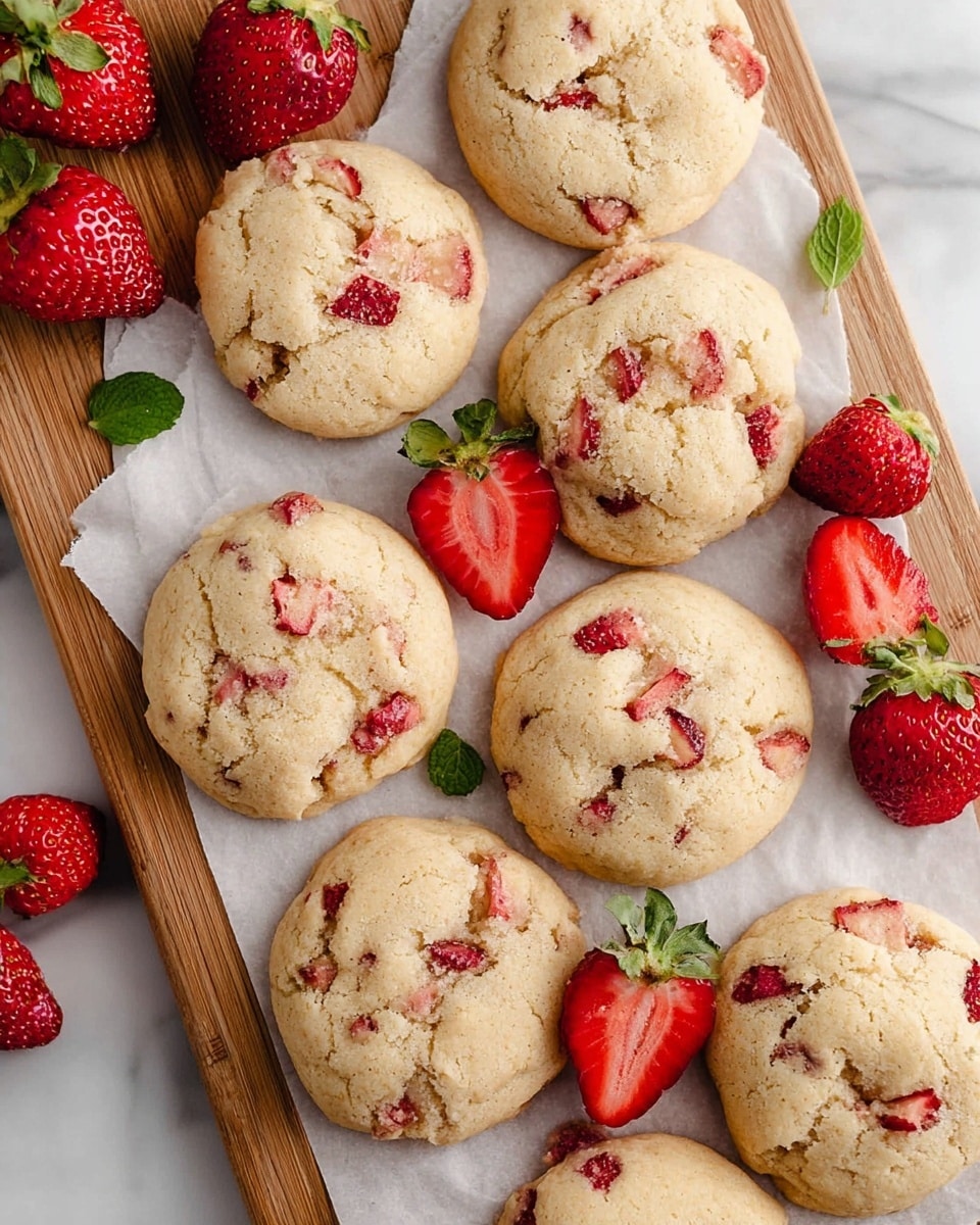 The image shows a close-up of nine round strawberry cookies placed on white parchment paper over a wooden board. The cookies are light golden brown with a soft, slightly cracked texture and studded with small pieces of bright red strawberries embedded throughout. Fresh whole and halved strawberries with green leaves are scattered among the cookies, adding a fresh and colorful touch. The background is a white marbled surface. photo taken with an iphone --ar 4:5 --v 7