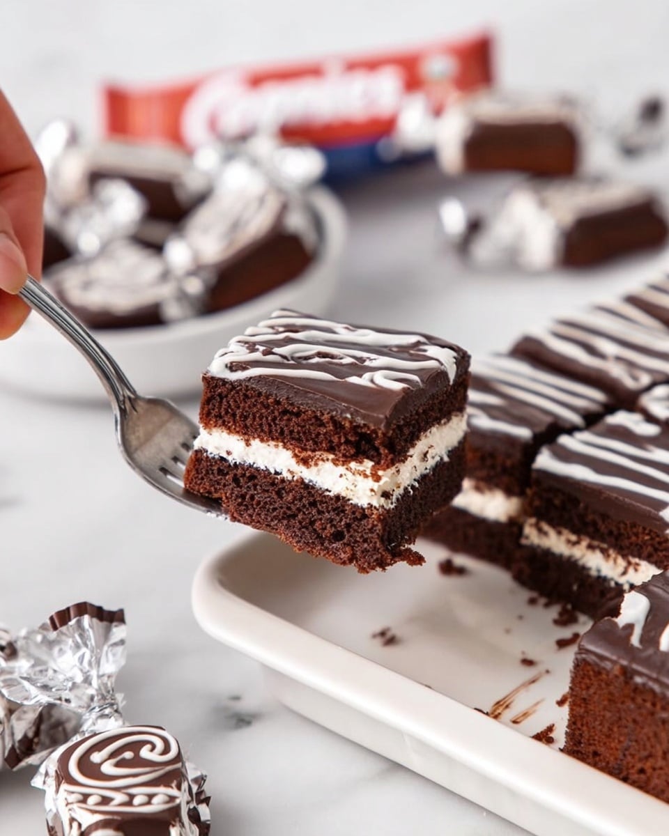 A square piece of cake with two layers of dark brown chocolate sponge separated by a thick white cream layer, topped with a smooth dark chocolate glaze that covers the entire top and has white icing loop designs evenly spaced in rows. One slice has been removed from the cake and is resting beside it on a white tray with a white marbled texture background. Photo taken with an iphone --ar 4:5 --v 7