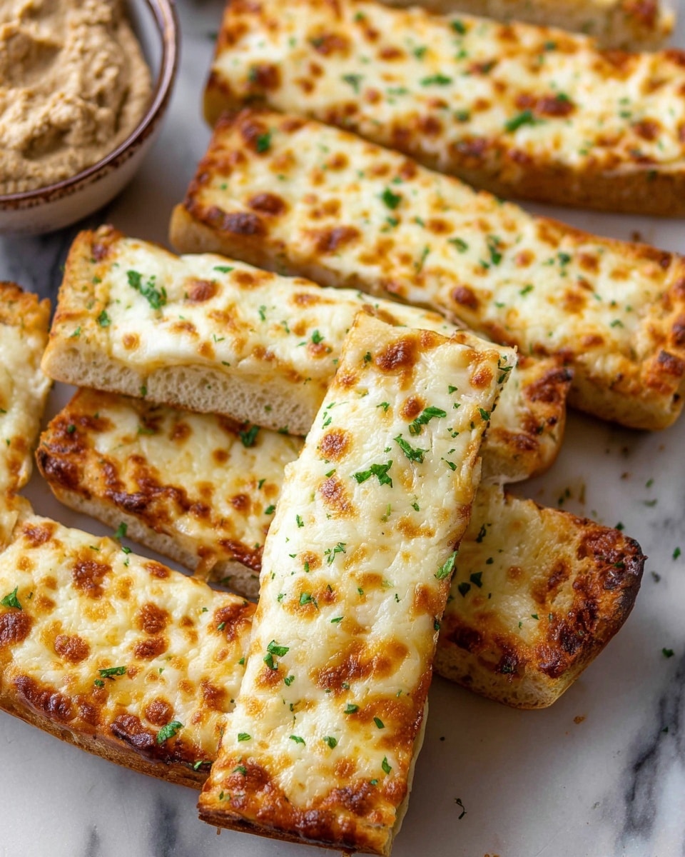 A large rectangular flatbread pizza topped with a thick layer of melted, golden-brown cheese sprinkled with finely chopped green herbs is shown on parchment paper over a white marbled surface; one whole piece and six sliced pieces are laid side by side, revealing the crust's crispy, golden edges beneath the bubbly cheese. On the upper right corner, a small white bowl holds a chunky, light brown dipping sauce with green herbs around it. photo taken with an iphone --ar 4:5 --v 7