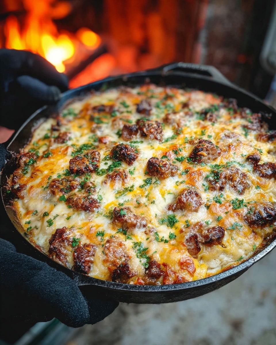 A close-up of a black cast iron skillet filled with a baked dish that has a top layer of golden melted cheese with browned spots, scattered chunks of browned meat, and sprinkled green herbs, held by a person wearing black oven mitts, with a soft fire burning in the blurred background. photo taken with an iphone --ar 4:5 --v 7