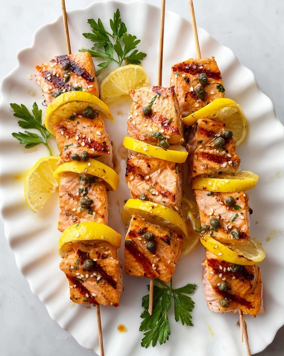 Three wooden skewers each hold four thick, grilled pink-orange salmon pieces with brown char marks, separated by thin rings of bright yellow lemon slices. Small dark green capers and white sesame seeds are sprinkled over the salmon, adding texture. The skewers rest on a white, wavy-edged plate, sitting on a white marbled surface. Fresh green parsley leaves garnish the plate around the skewers. photo taken with an iphone --ar 4:5 --v 7