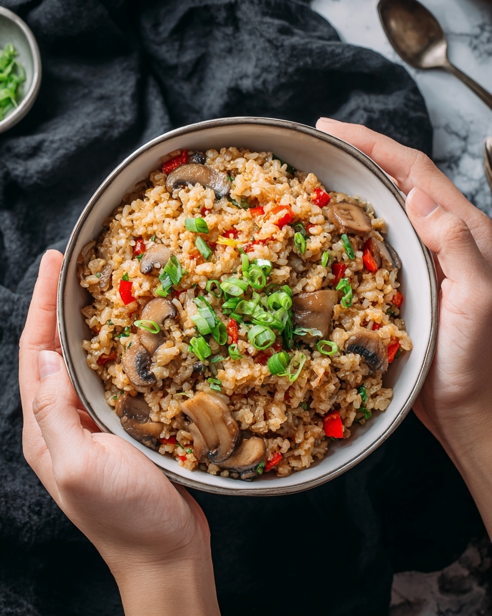 A white bowl filled with a mix of cooked brown rice, sliced light brown mushrooms, diced red bell peppers, and chopped green onions on top, held gently by two woman's hands. The rice and mushrooms form the base layer with a soft, slightly oily texture, scattered evenly with small pieces of red bell pepper adding bright red spots throughout. Thinly sliced green onions with a fresh green color are sprinkled on top, adding a fresh and crunchy look. The bowl is set against a dark cloth background with hints of a white marbled surface underneath. photo taken with an iphone --ar 4:5 --v 7