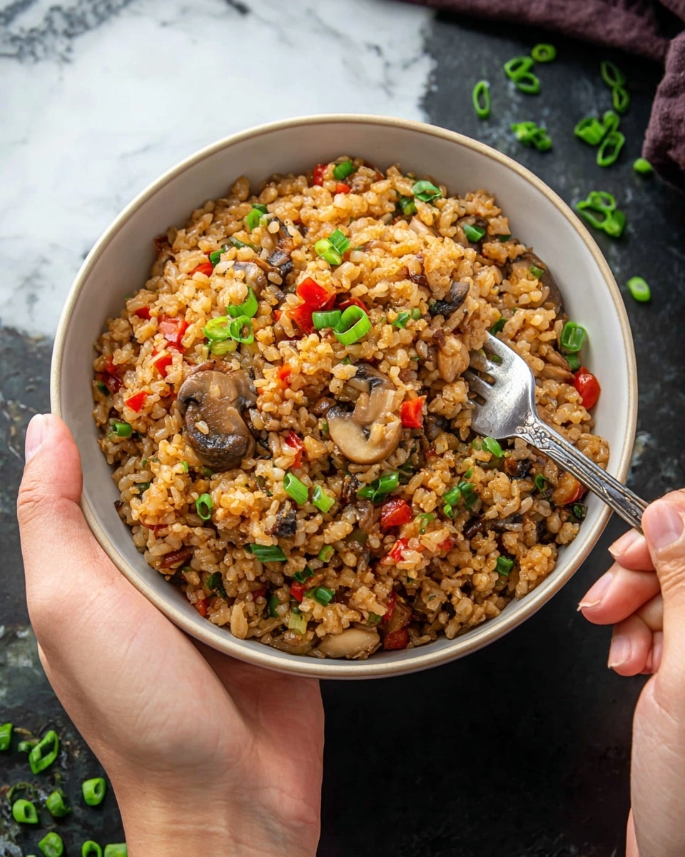 A close-up image shows a white bowl filled with fried rice mixed with mushrooms, red bell pepper pieces, and chopped green onions all over. The fried rice is light brown, with textures of soft cooked grains and tender vegetable chunks spread evenly throughout. A woman's hand is holding the bowl from the bottom while the other woman's hand is holding a fork digging into the rice on the top right side. The bowl sits on a dark surface with some green onion pieces scattered around, and the background is a white marbled texture. photo taken with an iphone --ar 4:5 --v 7