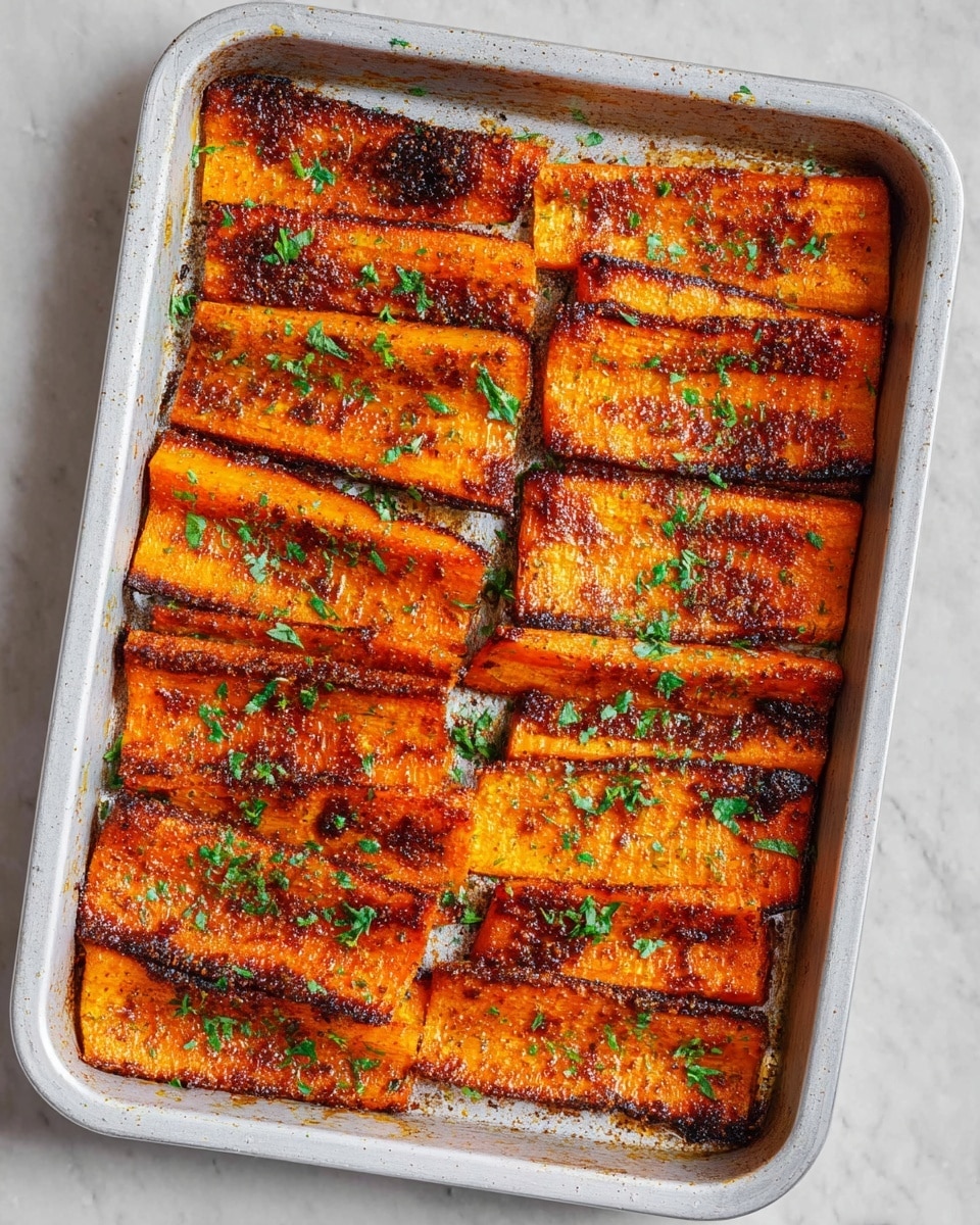 The image shows a white metal baking tray with several large, flat carrot strips arranged in neat rows. Each carrot strip is covered with a dark, crispy, caramelized seasoning that looks sticky and slightly charred at the edges, giving a rich reddish-brown color on the bright orange carrot base. A sprinkling of fresh green herbs is scattered evenly on top, adding a touch of freshness and contrast to the warm, roasted textures. The tray sits on a white marbled surface, highlighting the vibrant colors of the carrots and herbs. photo taken with an iphone --ar 4:5 --v 7