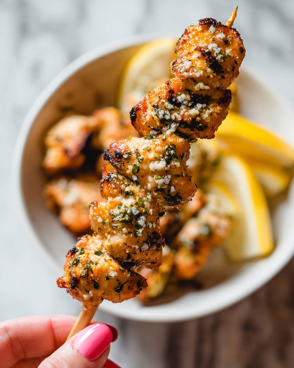 A close-up of three pieces of grilled chicken on a skewer held by a woman's hand with a thumb and finger visible, each piece cooked to a golden brown and sprinkled with coarse salt and green herbs, creating a textured and slightly charred surface; behind the skewer, there is a white bowl filled with more grilled chicken pieces with lemon wedges placed inside the bowl, all set against a white marbled textured background. photo taken with an iphone --ar 4:5 --v 7