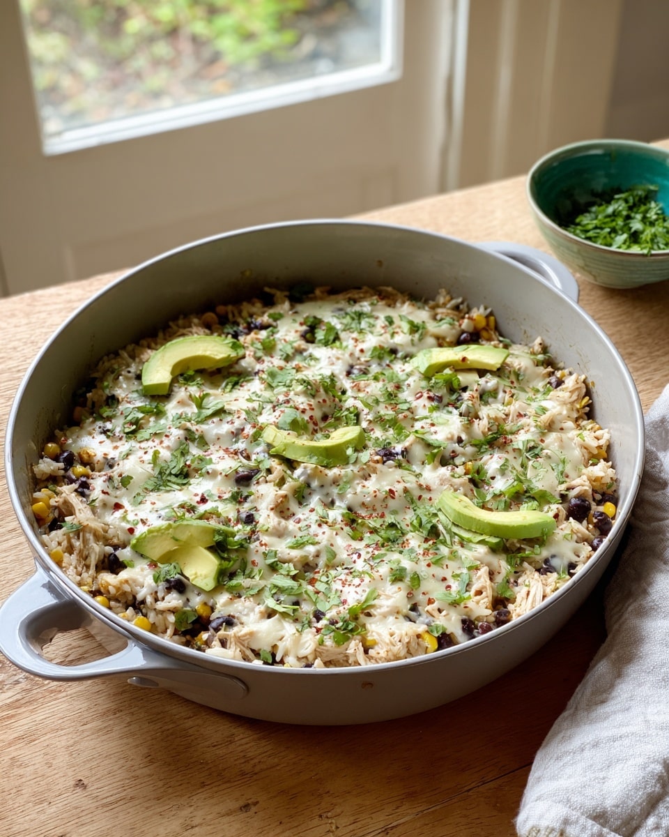 A light gray pan filled with a layered dish that includes a base of shredded chicken mixed with white rice, black beans, and yellow corn, topped with melted white cheese that covers the surface unevenly. Bright green chopped herbs are sprinkled all over, along with two small slices of light green avocado placed on top. Red pepper flakes add small red spots for a bit of contrast. The pan sits on a light brown wooden table with a white cloth to the right and a small green bowl filled with herbs in the background, against a window showing some greenery outside. photo taken with an iphone --ar 4:5 --v 7