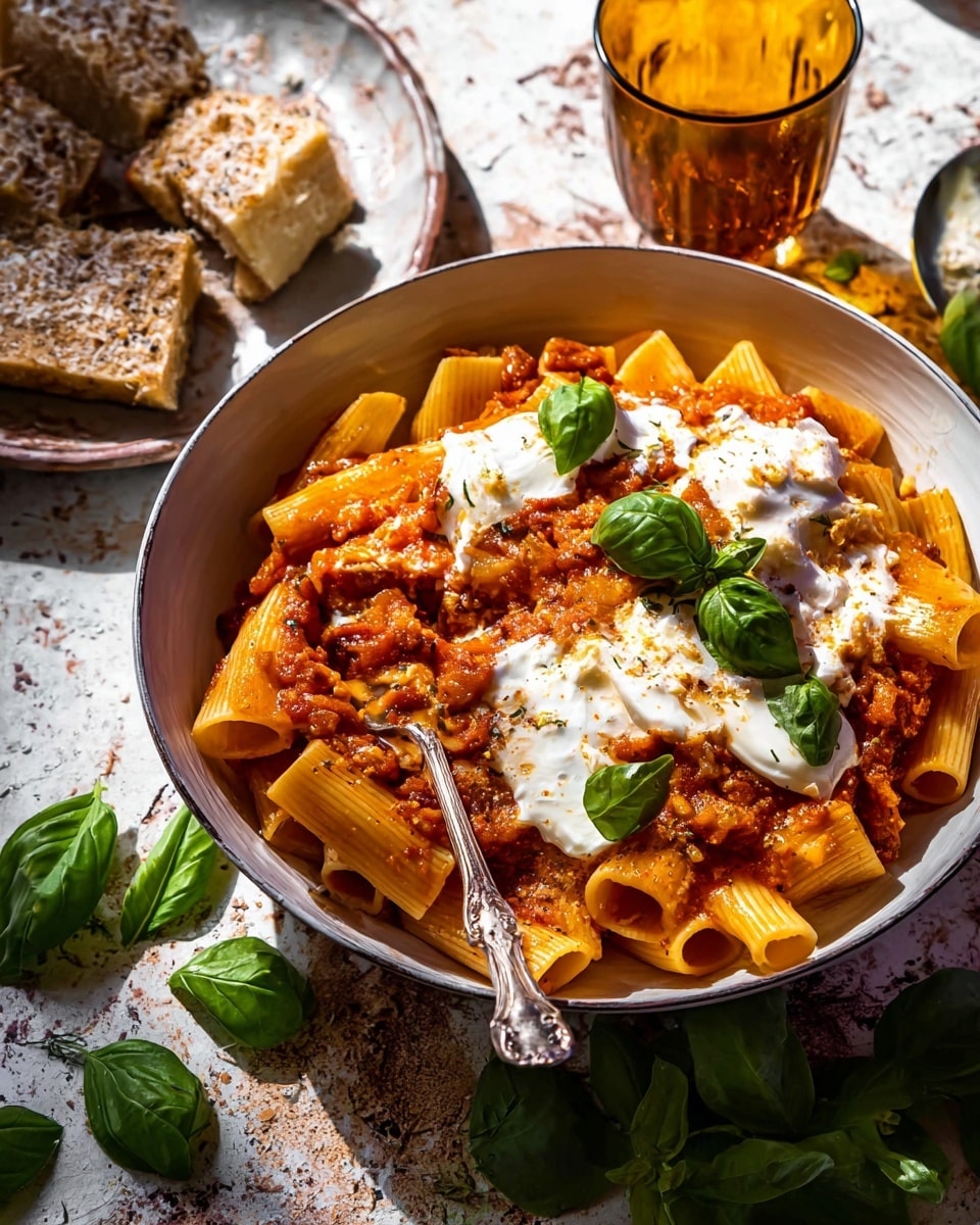 The dish shows a white bowl filled with three layers: the bottom layer has large tube-shaped pasta in a light orange color, the middle layer is a thick red sauce with visible grains and bits of cooked vegetables or meat, and the top layer has dollops of white creamy sauce spread unevenly over the pasta and sauce. Fresh green basil leaves are placed on top for decoration. A silver fork is placed on the right side inside the bowl, resting on the pasta. The bowl is set on a white marbled textured surface, with some green basil leaves scattered around. In the background, there is a small amber glass cup and a white marbled textured plate holding pieces of brown cheese with white granules sprinkled on top. Photo taken with an iphone --ar 4:5 --v 7