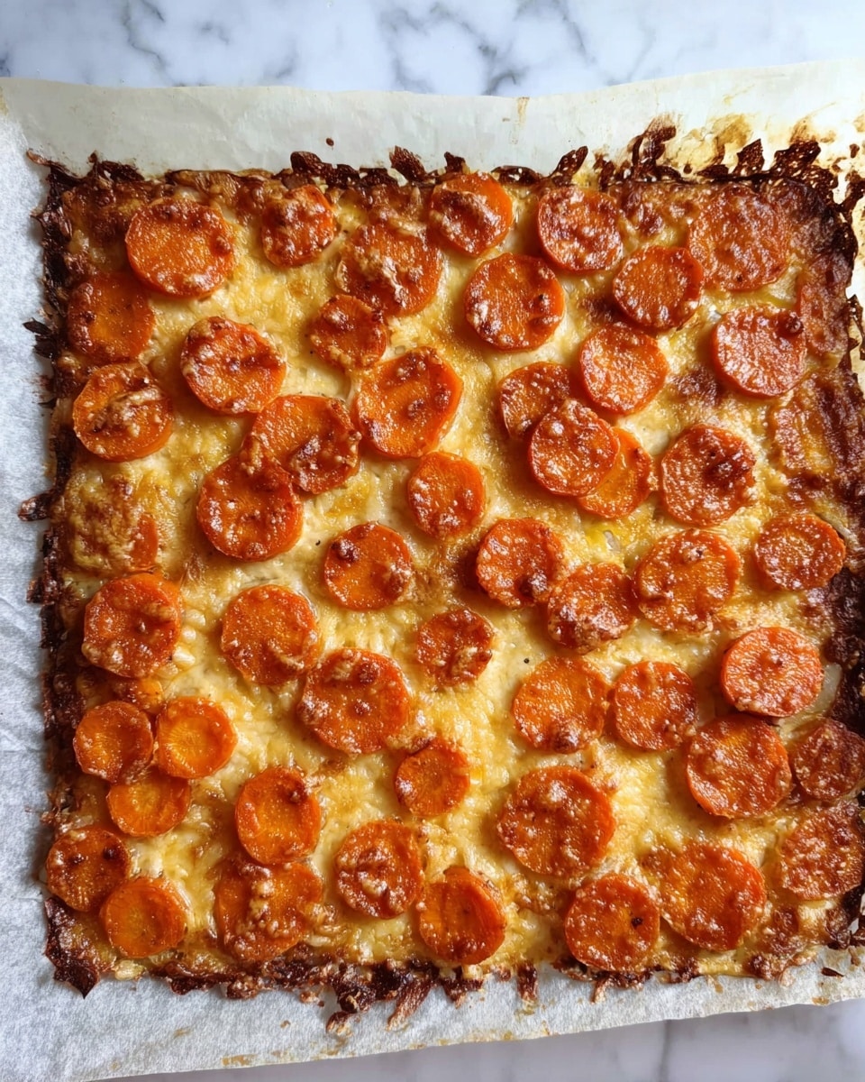 A square flat dish consisting of one layer of melted cheese underneath a layer of round sliced orange carrots evenly spread on top, with the cheese having a golden brown, slightly crispy texture, and the carrots showing some roasted spots that add darker orange and brown tones; the dish is placed on white parchment paper over a white marbled surface. photo taken with an iphone --ar 4:5 --v 7
