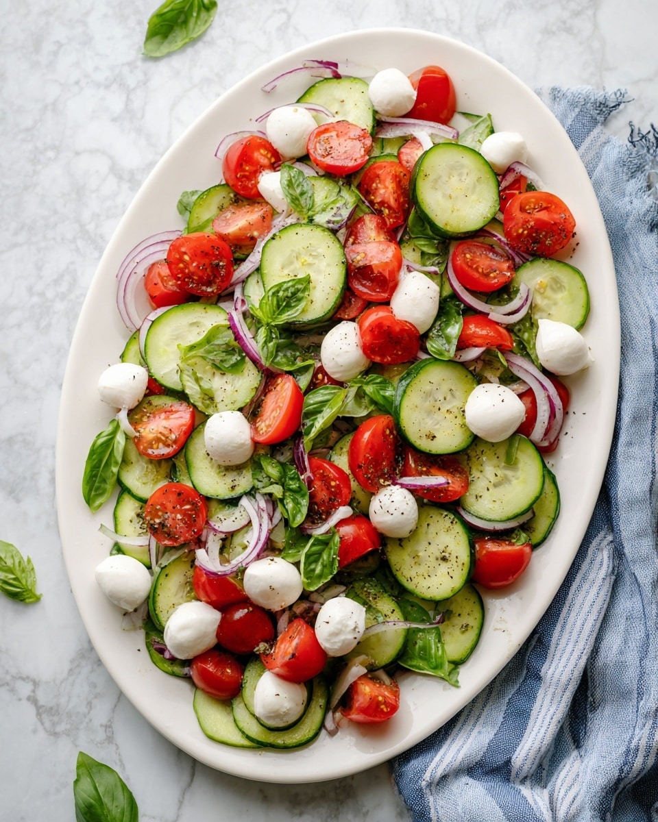 The image shows a white oval plate filled with a fresh salad. The bottom layer is thinly sliced green cucumber rounds, evenly spread across the plate. On top of this are halved bright red cherry tomatoes scattered around. Small white mozzarella balls sit randomly among the vegetables. Thin slices of purple-red onion are layered lightly throughout. Fresh green basil leaves are sprinkled on top, adding color. The salad is lightly seasoned with black pepper and some herbs. The plate is placed on a white marbled surface with a folded blue and white striped cloth on the right side. Photo taken with an iphone --ar 4:5 --v 7