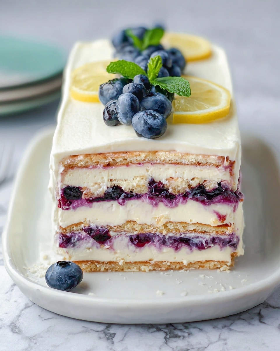 A slice of layered dessert on a white plate with a white marbled background. The dessert has three visible layers of light tan biscuit or cookie separated by two thick creamy white layers. On top, there is a rich, dark purple berry sauce with whole berries, giving a shiny and thick texture. A small sprig of fresh green mint is placed on top of the sauce. Two silver forks are near the plate, with one showing a woman's hand holding it slightly. The photo taken with an iphone --ar 4:5 --v 7