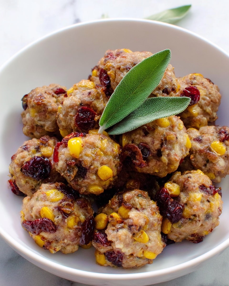 In a white bowl, there are several small round meatballs with a rough texture showing pieces of yellow corn and dark red cranberries mixed throughout. The meatballs have a slightly browned outside and look moist but firm. A couple of green leaves are placed around the meatballs inside the bowl. In the blurry background, there is another white bowl with what looks like roasted potato pieces, and to the right is a metal baking tray holding some cooked strips of food. All items rest on a white marbled surface. Photo taken with an iphone --ar 4:5 --v 7