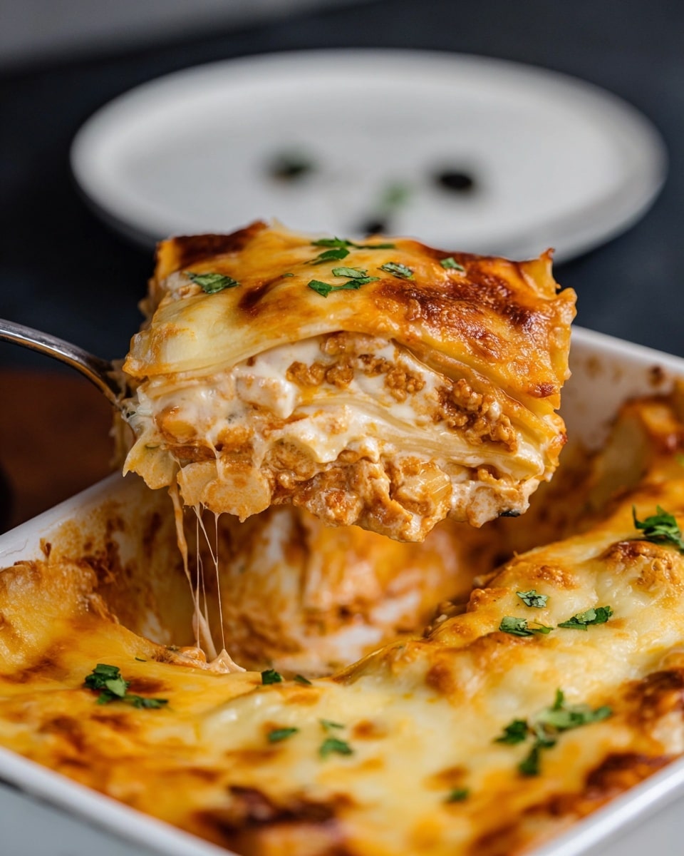 A close-up of a slice of lasagna being lifted from a white baking dish by a spoon, showing four distinct layers: the bottom layer is a soft, orange-tinted sauce with bits of meat, the next layer is made of creamy white sauce mixed with pasta sheets, followed by another layer of orange sauce with pasta, and topped with melted, golden-brown cheese sprinkled with small pieces of green herbs. The white baking dish rests on a dark surface, and in the background, there is a white plate with a few black specks on it, all placed on a white marbled texture photo taken with an iphone --ar 4:5 --v 7