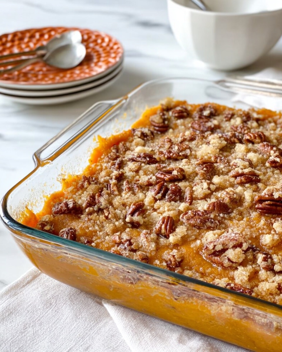 A clear glass baking dish holds a golden-brown casserole with one visible layer of soft, baked sweet potatoes covered in a crumbly topping of chopped, toasted pecans and a sugary crust that is slightly bubbling and textured. The pecans are scattered unevenly on top, giving a crunchy look. The baking dish rests on a white marbled surface with a white cloth napkin nearby, and in the background, there is a white ceramic bowl and a small white plate with an orange, textured design that holds a fork and a spoon. Photo taken with an iphone --ar 4:5 --v 7