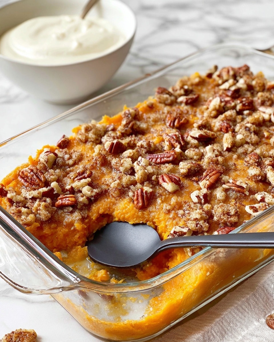 The dish shows a clear glass baking dish filled with a three-layer sweet potato casserole. The bottom layer is soft orange mashed sweet potatoes. The middle layer is lightly crumbly and golden, with melted butter or sugar. The top layer is strewn with chopped pecans that are deep brown and rough in texture, and clumps of crumbly, light golden topping. A black serving spoon rests on the right side in the casserole. In the background, there is a white bowl with creamy white topping that looks smooth and thick placed on a white marbled texture. Photo taken with an iphone --ar 4:5 --v 7