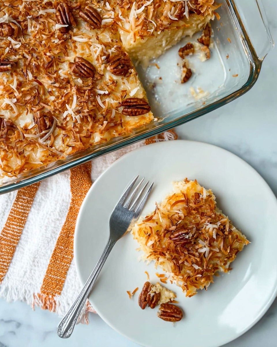 The image shows a square glass baking dish filled with a layered dessert topped with a golden-brown layer of shredded coconut and chopped nuts, mainly pecans. One piece has been removed from the dish and placed on a white round plate next to it. The dessert slice shows multiple thin layers of light brown and creamy colors. There is a silver fork placed on the plate with a small piece of the dessert on it. The background is a white marbled surface with a white and orange striped cloth partially under the plate. Photo taken with an iphone --ar 4:5 --v 7