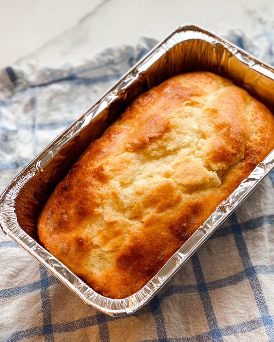 A golden brown loaf sits in a silver foil baking pan with slightly rounded edges. The top of the loaf has a rough texture with cracks and uneven bumps, showing a soft inside beneath the crust. The foil pan reflects some light, and it rests on a white marbled surface with a soft-focus blue and white checkered cloth underneath. photo taken with an iphone --ar 4:5 --v 7