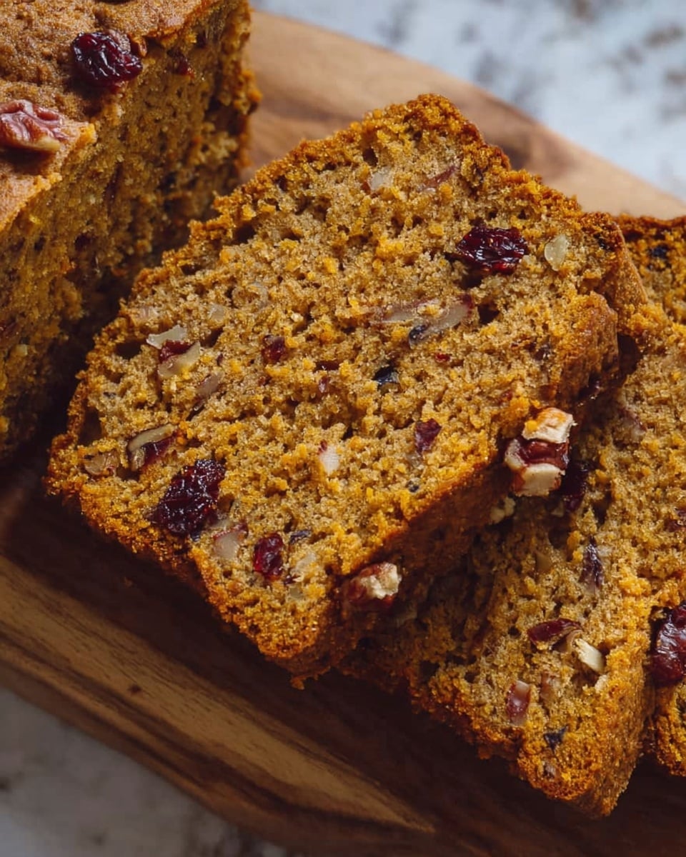 The image shows a close-up of three thick slices of orange-brown bread placed on a wooden board. The bread has a dense texture with visible small pieces of nuts and dried red fruit embedded inside. The top crust is slightly darker and rough compared to the softer, crumbly inside. The background surface is a white marbled texture. photo taken with an iphone --ar 4:5 --v 7