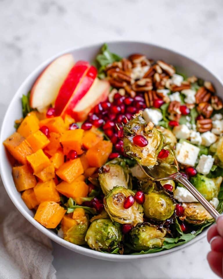 Fall Harvest Brussels Sprouts Salad with Roasted Butternut Squash, Apple, Pecan, Pomegranate, and Goat’s Cheese Recipe