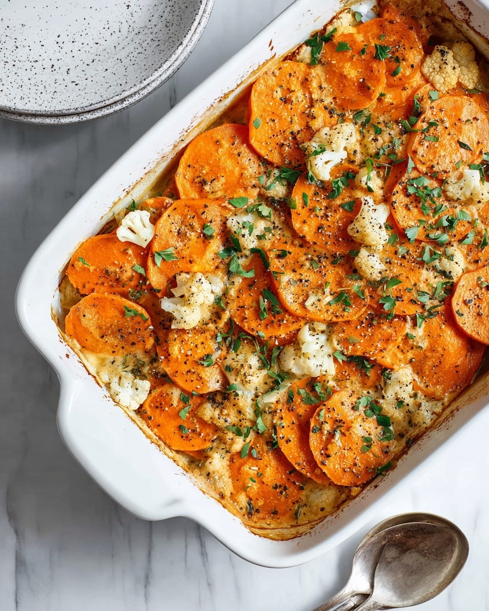 A white baking dish filled with a layered casserole showing the top layer of thin, round slices of bright orange sweet potatoes, slightly browned at the edges and scattered with small pieces of white cauliflower, all sprinkled with chopped fresh green herbs and black pepper. The dish sits on a white marbled surface with a silver spoon placed on a white speckled plate nearby, and a partial view of stacked white plates is visible in the upper right corner. photo taken with an iphone --ar 4:5 --v 7