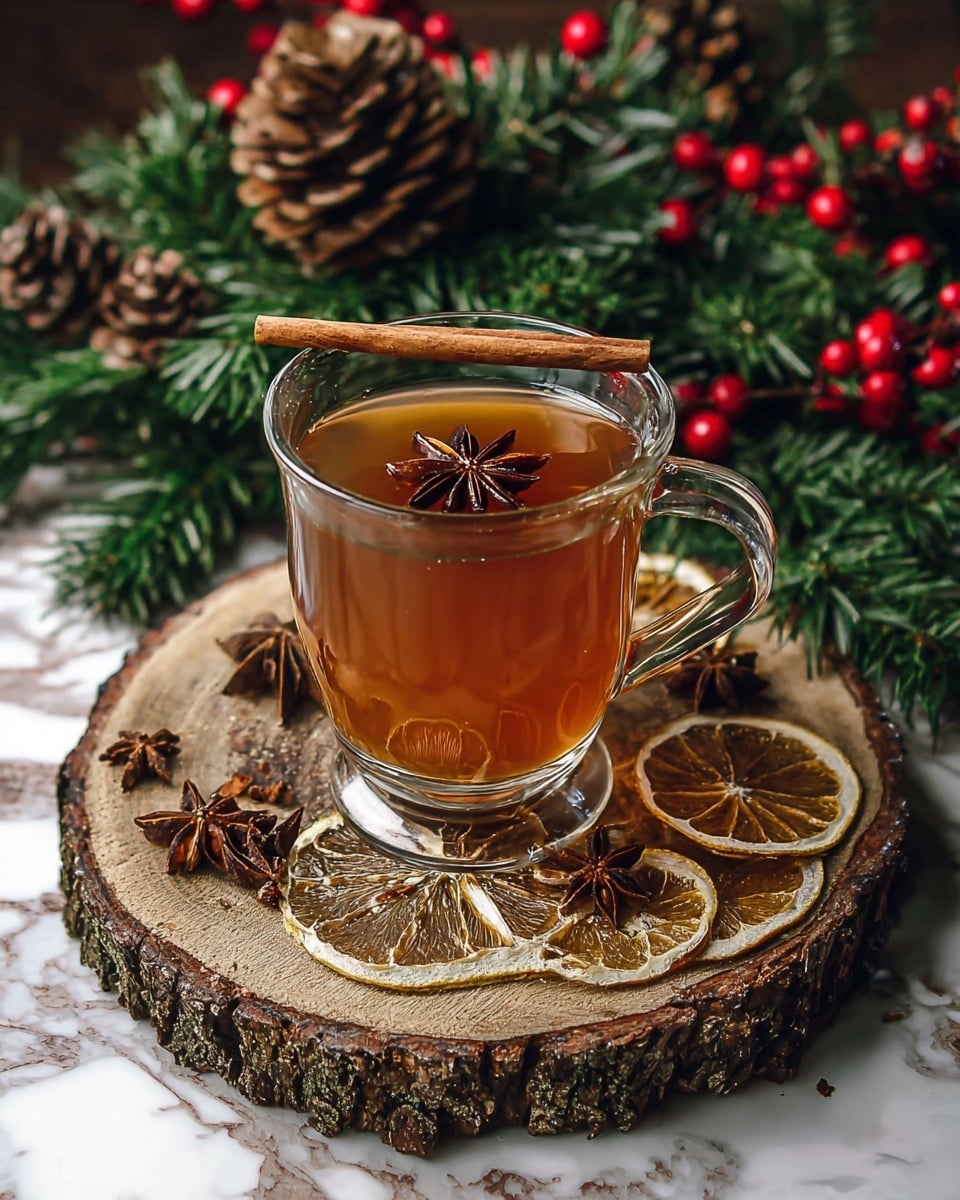 A clear glass cup filled with warm brown tea is placed on a round wooden slab with rough bark edges. On top of the tea floats a single star anise, and a cinnamon stick rests horizontally on the rim of the cup. The slab is decorated with dried orange slices and more star anise scattered around. The setting includes pine cones, green fir branches with bright red berries, all arranged on a white marbled surface, creating a cozy and festive atmosphere. photo taken with an iphone --ar 4:5 --v 7