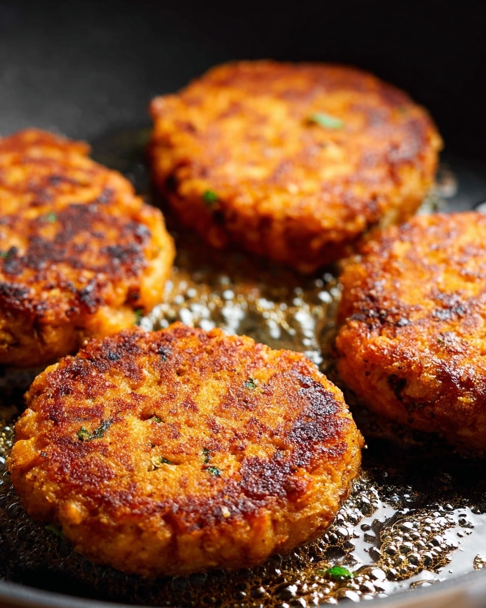 The image shows four round, golden-brown patties cooking in a black pan. Each patty has a crispy, textured surface with some darker, slightly charred spots and bits of green herbs visible inside. The patties look thick and well-formed, with a rough but even crust. The pan surface underneath is oily and shiny, enhancing the golden color of the patties. photo taken with an iphone --ar 4:5 --v 7