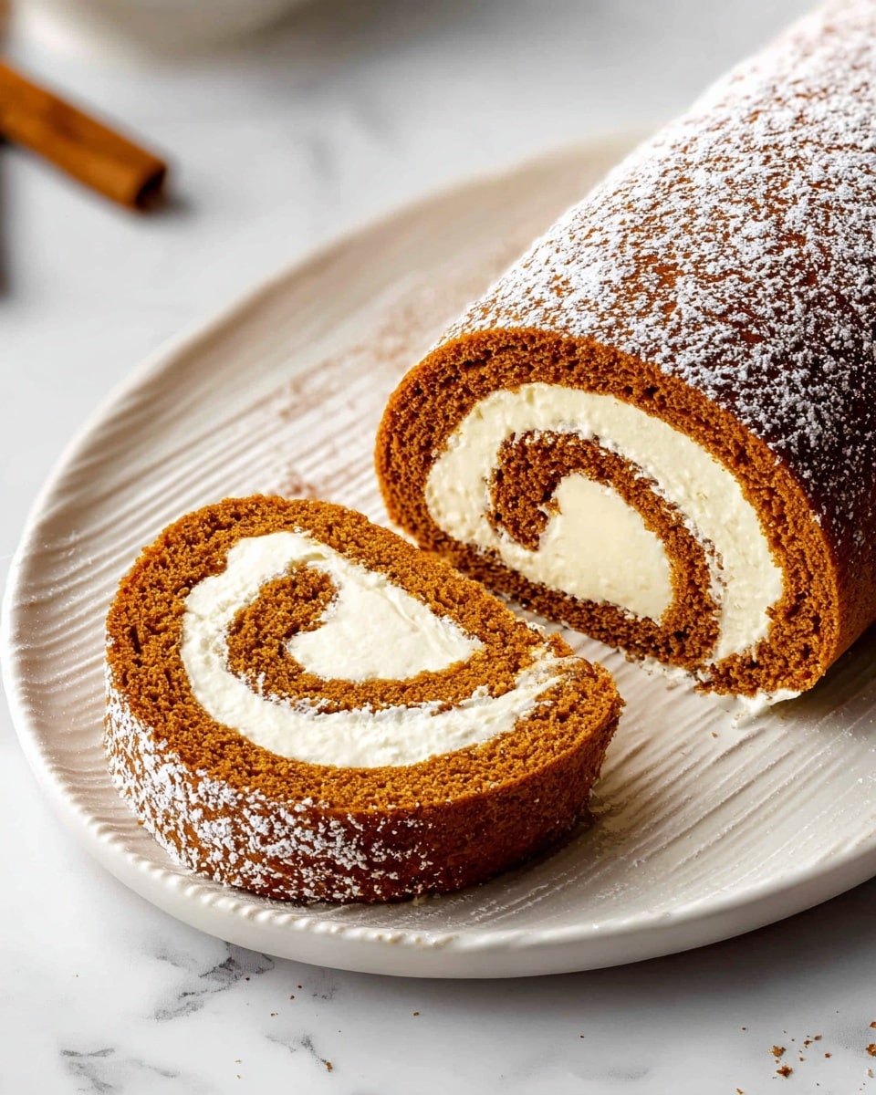The image shows a rolled cake on a white plate with light ridges along the edge, placed on a white marbled surface. The cake has two visible layers: a thick, brown outer layer with a soft, spongy texture, and a spiral of creamy white filling inside. One slice is cut and lies flat on the plate, revealing the swirl pattern clearly, while the rest of the roll stays whole. The cake is dusted with powdered sugar, giving a light powdery coating on top and some sprinkled around the plate. Photo taken with an iphone --ar 4:5 --v 7