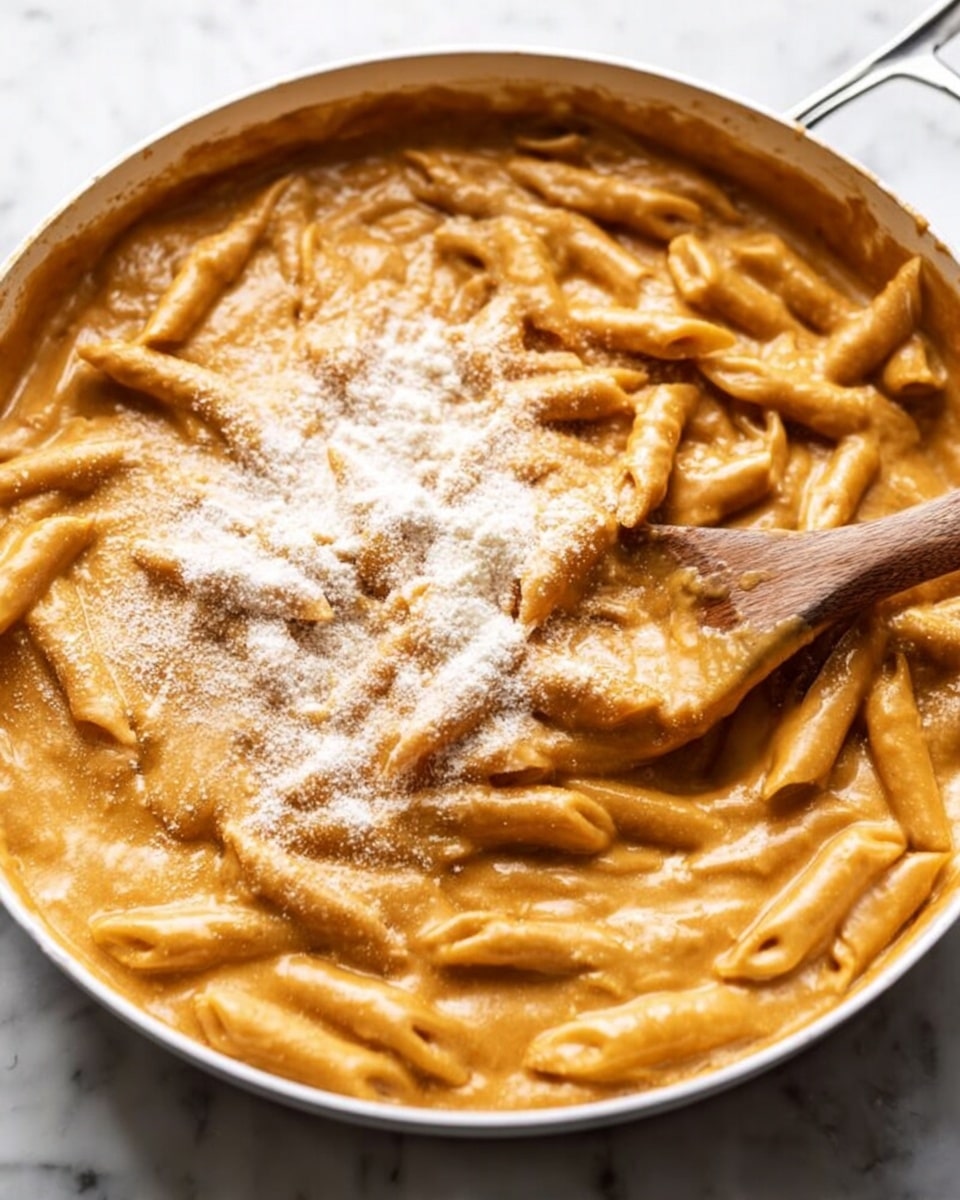 A close-up view of a white pan filled with pasta in a thick, creamy orange sauce. The pasta is penne, mostly covered by the sauce but some pieces are visible on the surface, creating texture. A wooden spoon rests on the right side of the pan, partially submerged in the thick sauce. White powder, likely cheese, is being sprinkled from above onto the pasta, creating a light dusting mainly in the center. The pan sits on a white marbled surface. photo taken with an iphone --ar 4:5 --v 7