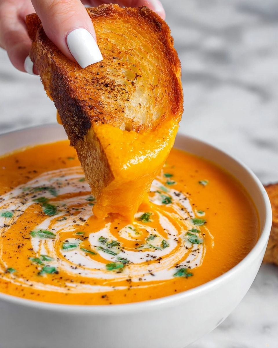A white bowl filled with bright orange creamy soup topped with a swirl of white cream and small green herb pieces, with some black pepper sprinkled on top. A woman's hand with pink and blue nail polish is dipping a golden toasted triangular piece of bread into the soup. The bread is thick with a crispy texture, and the soup is coating the bread, showing its smooth, thick consistency. The background is a white marbled texture. photo taken with an iphone --ar 4:5 --v 7