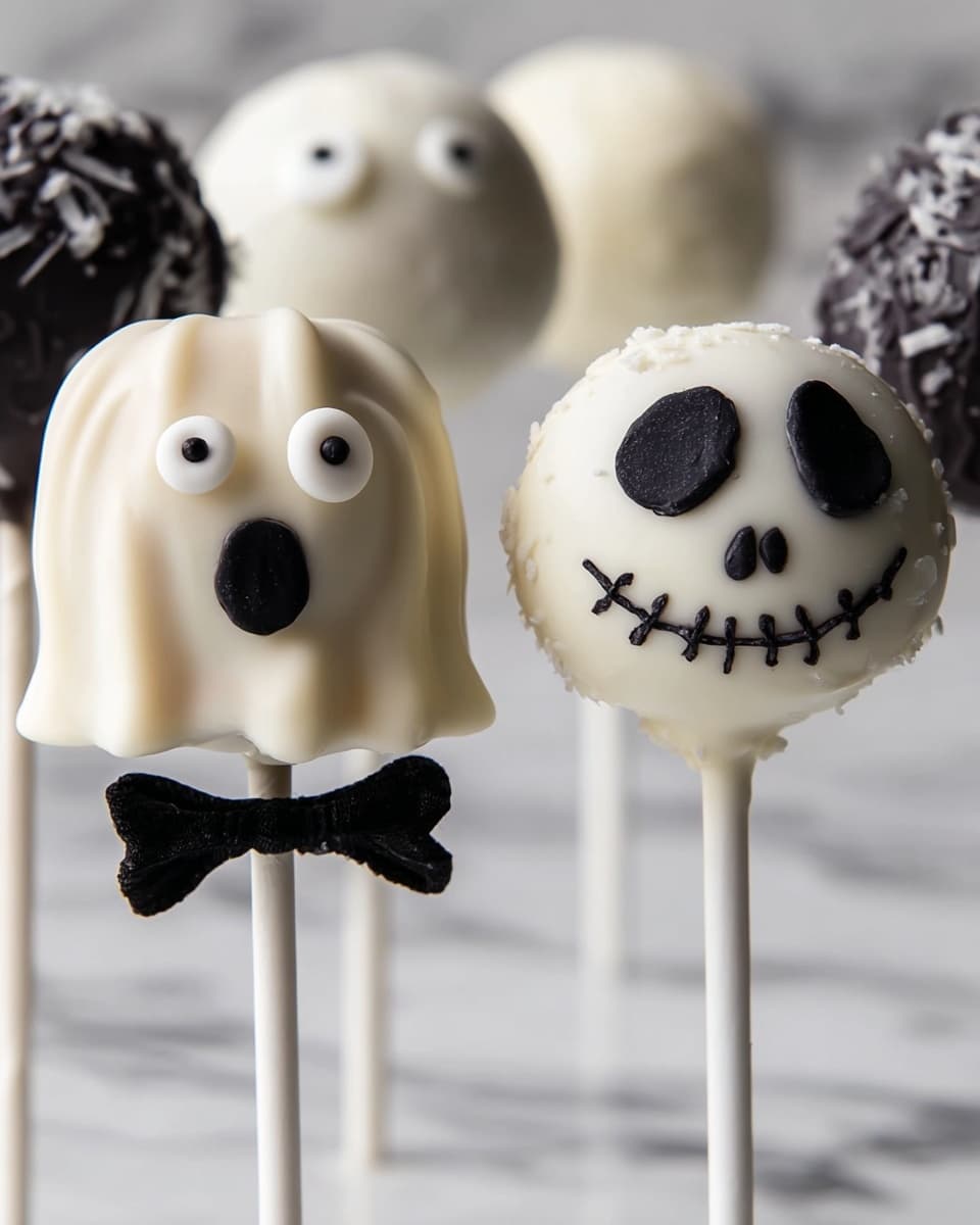 The image shows Halloween-themed cake pops standing on white sticks, placed on a white marbled surface. One cake pop is shaped like a ghost covered with smooth white chocolate, with two round white candy eyes with black centers and a black mouth patch. Another cake pop is round like a skull, covered with white coating featuring hand-drawn black eyes, two small dots for the nose, and a stitched smile. This skull cake pop has a black bow tie with white stitches tied around the stick. The background is softly blurred with more white-coated cake pops visible. Photo taken with an iphone --ar 4:5 --v 7