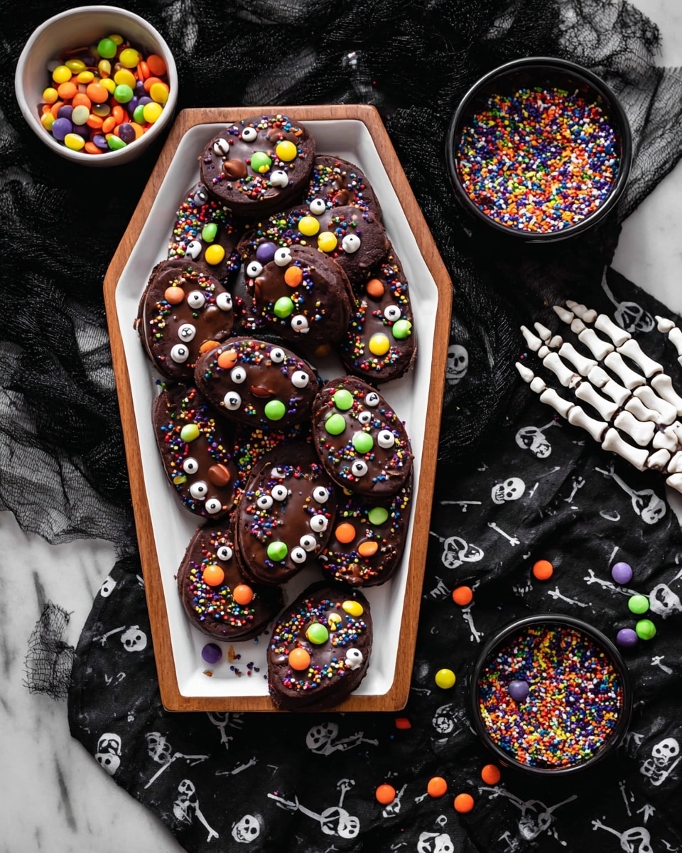 A white coffin-shaped plate with a wooden rim holds around fourteen round dark chocolate cookies. Each cookie is decorated with colorful candy pieces in orange, yellow, green, purple, brown, and red, along with small white candy eyes and various Halloween-themed sprinkles in orange, purple, black, white, and green. Some candies also fall onto the plate. The plate sits on a black cloth with white skeleton prints. Nearby, two small bowls—one filled with colorful candy pieces and the other with Halloween sprinkles—are placed on the same black skeleton cloth. On the right side, a white skeletal hand holds one decorated cookie. The surface beneath is a white marbled texture. photo taken with an iphone --ar 4:5 --v 7