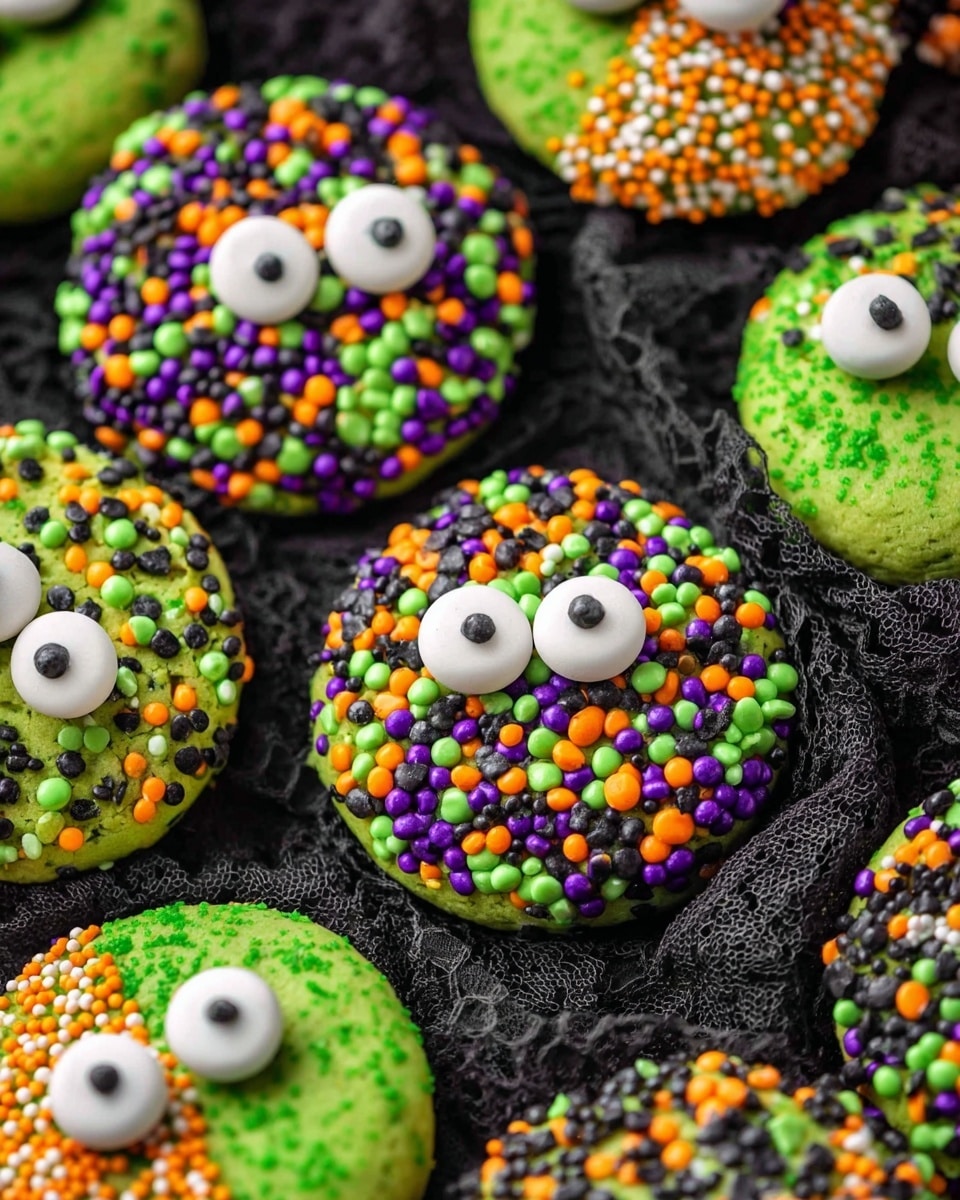 A stack of five round cookies with bright green dough sits on a white marbled surface. The top cookie is covered in tiny orange, green, purple, and black round sprinkles with five candy eyes spaced evenly on top. The second cookie has colorful flat round sprinkles in orange, purple, black, white, and green all over it. The third cookie is covered in the same tiny round sprinkles as the top cookie. The fourth cookie is decorated with small white ghost shapes and small black sprinkles on the green dough. The bottom cookie is coated with orange, black, and purple tiny sprinkles. More decorated cookies with candy eyes and sprinkles are blurred in the background, with a purple striped cloth on the left side. Photo taken with an iphone --ar 4:5 --v 7