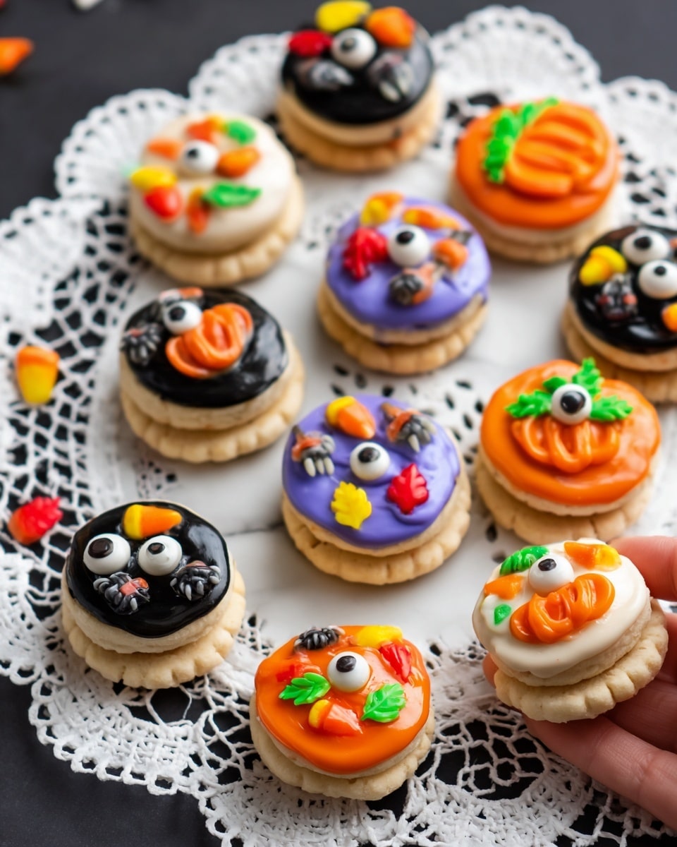 The image shows small round treats with two beige biscuit layers. Between the layers is a thin layer of white cream. The top biscuit is decorated with a thick layer of bright orange icing that drips a little down the sides. On top of the icing is a large edible eye with a white base and a black pupil in the center. Around the eye are sprinkles in black, white, purple, and orange shapes, some shaped like bats or ghosts. Other similar treats with different colored icing, like deep purple with orange and white decorations, appear slightly out of focus in the background on a white marbled surface. Photo taken with an iphone --ar 4:5 --v 7