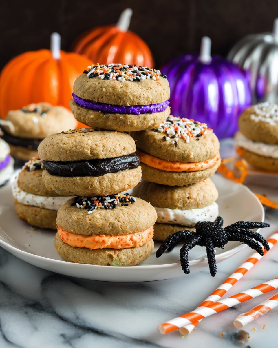The image shows a stack of small sandwich cookies on a white plate. The cookies have a rough, light brown texture and are sandwiched with three different colors of creamy filling: bright orange with small black and white sprinkles, white with purple and orange sprinkles, and black without visible sprinkles. The cookies are arranged in two main stacks, with a shiny black spider decoration placed on the plate next to them. In the background, there are shiny pumpkin decorations in orange, silver, and purple on a white marbled surface. Two striped straws are seen on the right side of the image. Photo taken with an iphone --ar 4:5 --v 7