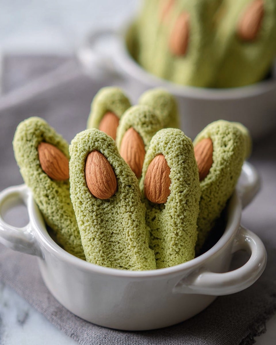 The image shows several finger-shaped green cookies with a rough texture, each topped with a whole almond, standing upright inside a white ceramic bowl with handles. The cookies have a porous, sponge-like look and are closely packed together, with more of them visible blurred in the background inside another white bowl. The bowls rest on a white marbled surface, and the photo has a shallow depth of field, focusing on the cookies in the front bowl. photo taken with an iphone --ar 4:5 --v 7