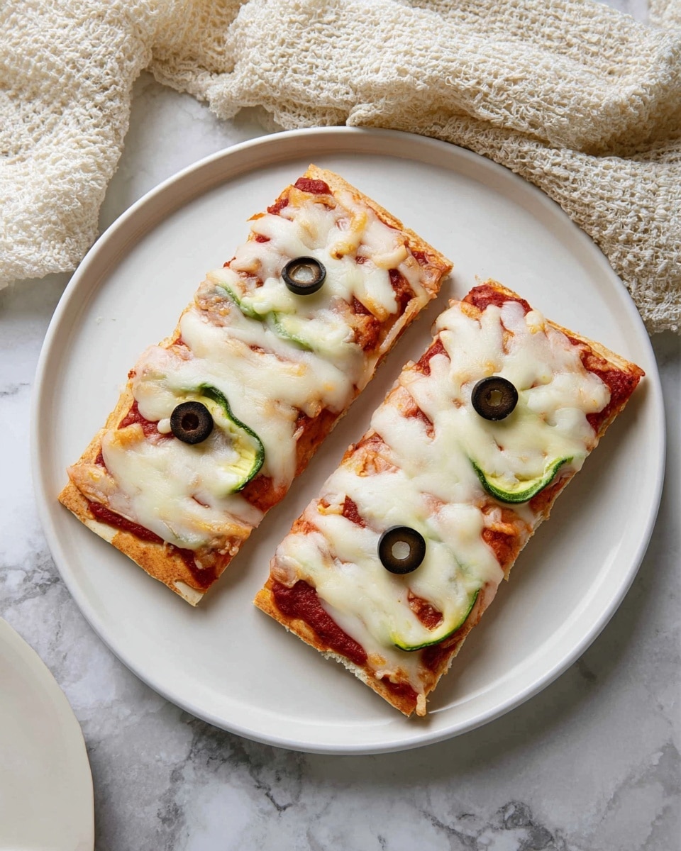 Two rectangular pizza slices sit side by side on a white plate over a white marbled surface, each with three layers: a thin, golden-brown crust at the bottom, a layer of red tomato sauce in the middle, and topped with melted white cheese that is spread unevenly with some green vegetable slices barely visible under the cheese. On top of one slice, there are two black olive rings placed near the top edge. A cream-colored, loosely woven cloth is draped casually in the background. photo taken with an iphone --ar 4:5 --v 7
