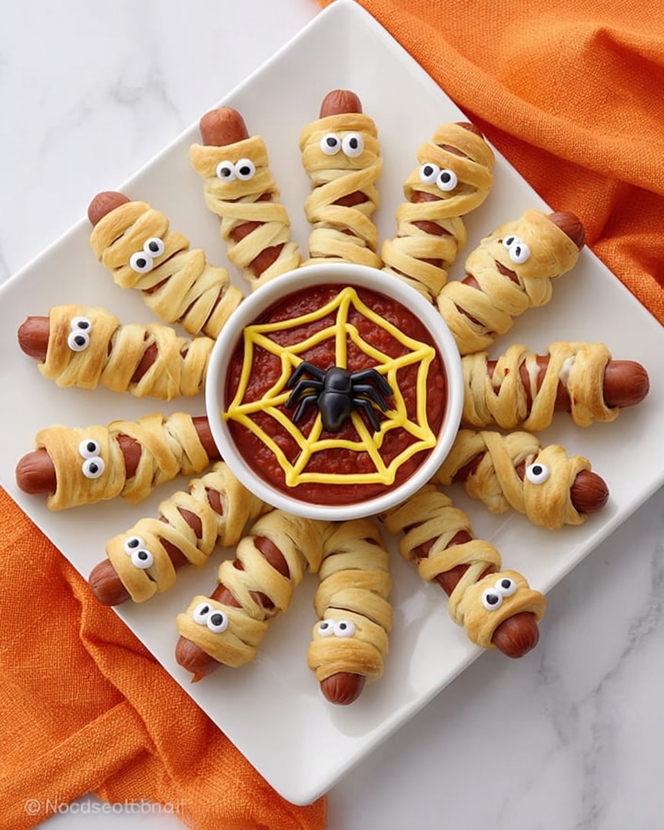 The image shows five hot dogs wrapped in light golden brown dough strips in a way that looks like mummies. Each hot dog has two small white eyes with black dots peeking out from the dough near one end. They are placed on a white marbled surface. In the top right corner, there is a white bowl of red ketchup with yellow mustard drizzled over it in a spider web pattern, and a black spider-shaped decoration made with olives sits on the ketchup. photo taken with an iphone --ar 4:5 --v 7