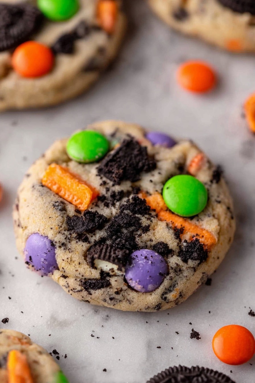 Halloween Oreo M&M’s Cookies, Halloween cookies with Oreos and M&Ms, festive Halloween chocolate cookies, easy Halloween cookie recipes, kid-friendly Halloween treats - A single round cookie with a light beige base, mixed with small black cookie crumbs throughout. The cookie is topped with colorful candy pieces in bright orange, green, and purple, some embedded and some resting on top. There are visible chunks of dark chocolate cookie pieces with orange filling, scattered on the surface of the cookie. The background is a white marbled texture with more cookies and some orange candy pieces slightly blurred in the back. Photo taken with an iphone --ar 2:3 --v 7