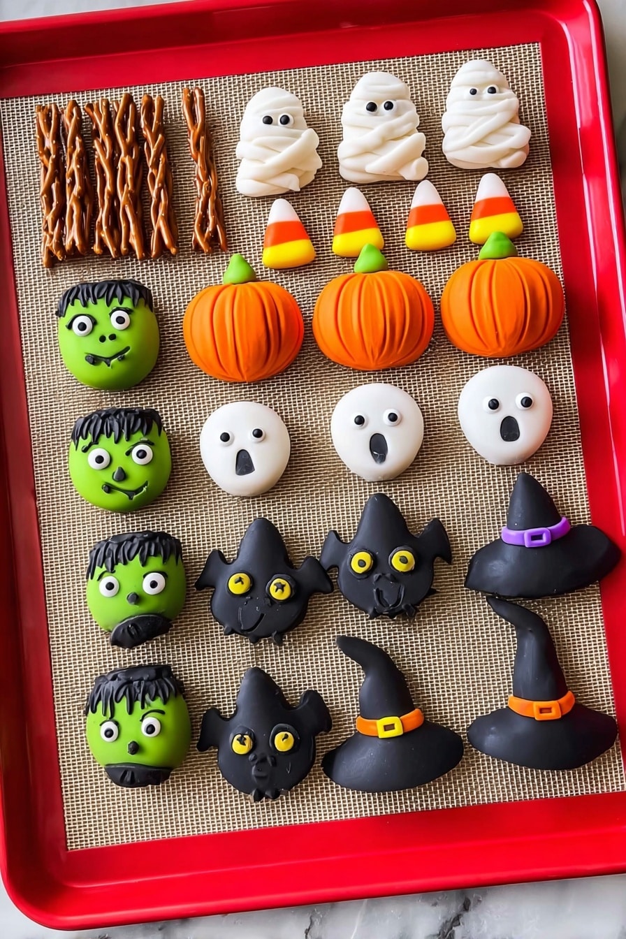 Halloween Pretzels, Halloween Pretzels Recipe, Halloween Treats, Festive Pretzel Snacks, Spooky Halloween Snacks - A red baking tray with a white marbled background holds an assortment of small Halloween-themed candies arranged in rows on a beige baking mat. There are four green Frankenstein faces with black hair, big white and black eyes, and black stitched mouths placed in the bottom left corner. To the right, two black bats with yellow eyes and spread wings sit flat. Above them are three orange pumpkins with green stems and ridges, followed by three white ghosts with simple black eyes and round mouths. Two black witch hats with purple bands sit among the candies. At the top, four candy corn pieces in white, orange, and yellow stand upright in a row. There are also two white mummies with small black eyes, one near the top left and one on the right. On the far left, rows of brown pretzel sticks are visible. photo taken with an iphone --ar 2:3 --v 7