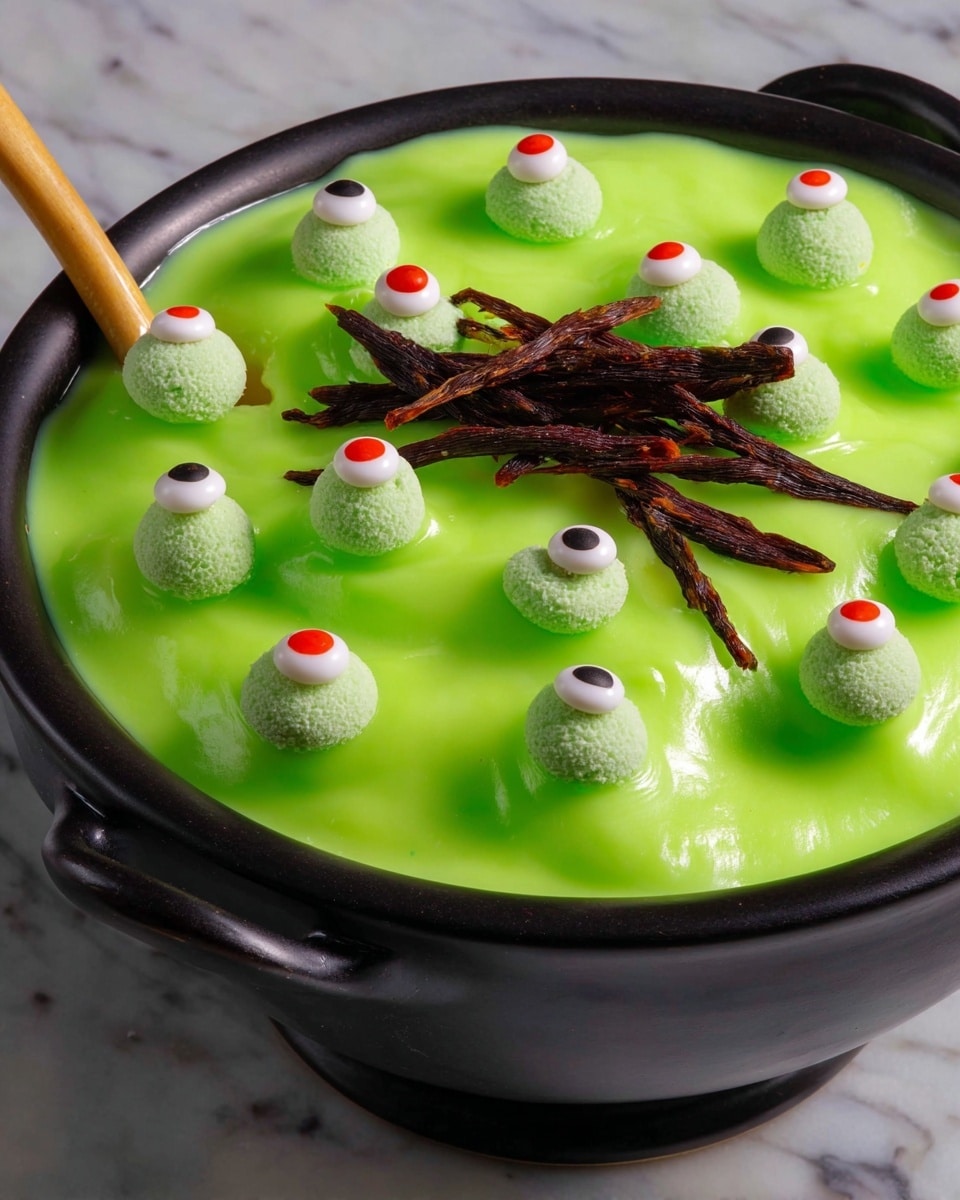 Witches Brew Halloween Trifle, Halloween dessert ideas, spooky Halloween trifle, festive Halloween recipes, easy Halloween desserts - In a black round bowl with a handle, there is a thick, shiny bright green layer of creamy pudding that fills the bowl fully, topped with evenly spaced light green round candies and small fake eyeball candies with white, black, and red details scattered on the surface. Near the bottom center, there is a small pile of long, shiny, dark orange licorice strands placed on the green pudding. A wooden spoon with a pale handle is partly dipped into the pudding on the left side. The bowl is set on a white marbled surface. Photo taken with an iphone --ar 2:3 --v 7