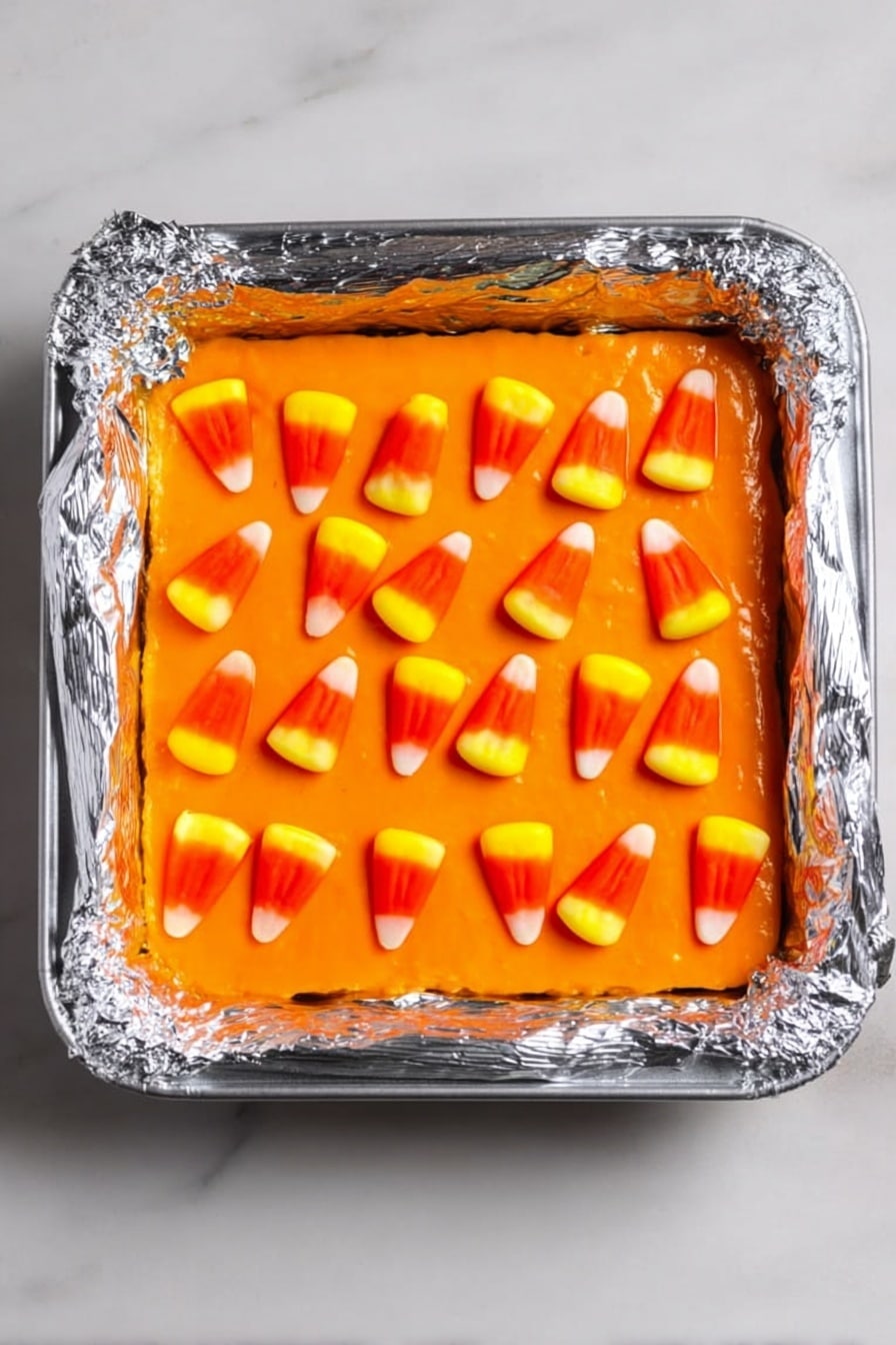 Halloween Fudge, Halloween Fudge with Candy Corn and Orange Food Coloring, Halloween Candy Corn Fudge, Festive Halloween Fudge, Easy Halloween Dessert - A square dessert with three layers is shown in a white marbled background. The bottom layer is a darker orange base, with a thicker, bright orange middle layer filling the entire square, smooth and even on top. On the very top layer, there are small candy corn pieces placed evenly in rows, with their white, orange, and yellow colors standing out against the bright orange surface. The dessert sits inside a square baking dish lined with silver foil that wraps over the edges of the dish. Photo taken with an iphone --ar 2:3 --v 7