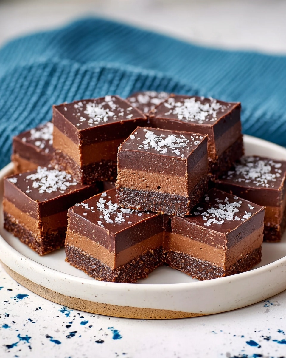 The image shows a white round plate filled with several square chocolate dessert pieces stacked slightly in two layers, each piece having three distinct layers: a dark brown crumbly base, a thick soft dark chocolate middle layer, and a smooth glossy chocolate top layer sprinkled with white flakes. The plate sits on a white marbled surface with some blue and dark specks, and a blue textured cloth is blurred in the background. The pieces look rich and dense with clear sharp edges photo taken with an iphone --ar 4:5 --v 7