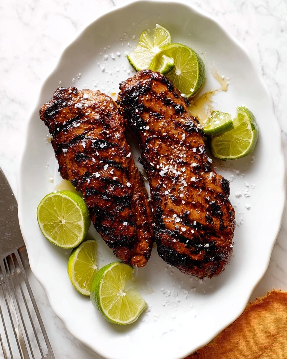 Two grilled, dark brown pieces of meat with charred spots sit on a white plate with shallow edges. Around the meat, several halved limes show a bright green outer skin and a light green, juicy inside. A few coarse salt flakes lightly cover the meat. The plate rests on a white marbled surface, with part of a metal spatula visible on the left edge. Photo taken with an iphone --ar 4:5 --v 7