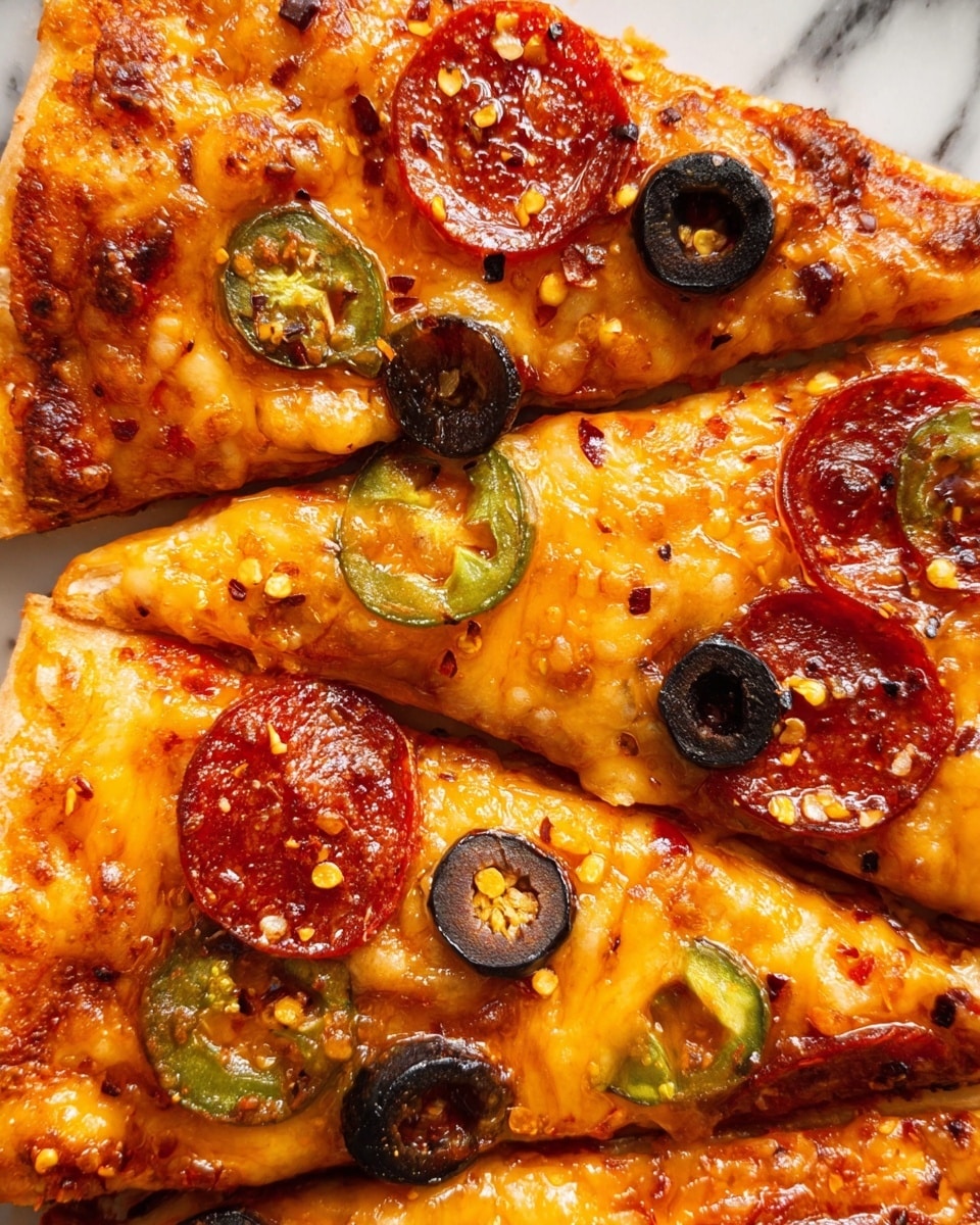 A close-up of four slices of pizza stacked closely together, each slice showing a golden-brown crust with melted bright orange cheese as the base layer. On top are round pepperoni slices that are slightly crispy at the edges, black olive rings with a shiny, smooth texture, and thin green jalapeño slices. The cheese looks bubbly and slightly oily, with scattered red pepper flakes adding a speckled red detail over the whole surface. The background is a white marbled texture. photo taken with an iphone --ar 4:5 --v 7