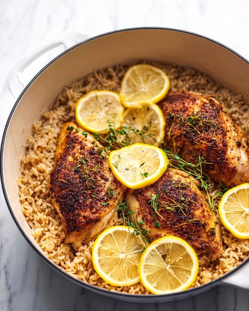 A white pot holds a dish with two large pieces of browned, seasoned chicken on top of a bed of light brown cooked rice. Thin slices of bright yellow lemon are placed around and on the chicken, some topped with small green herb sprigs. The chicken skin looks roasted with a mix of dark and golden brown spices spread on top. The pot is set against a white marbled surface. photo taken with an iphone --ar 4:5 --v 7