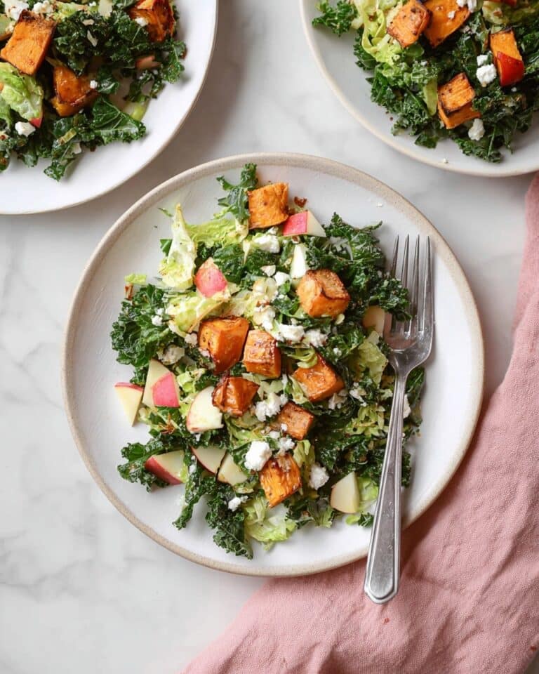 Fall Harvest Salad with Roasted Sweet Potatoes, Kale, Brussels Sprouts, Apples, Candied Pecans, and Feta Recipe
