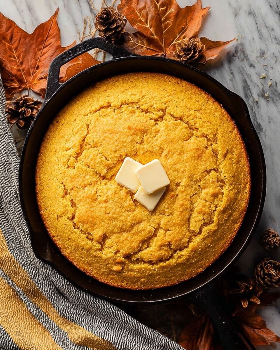 The image shows a single thick layer of golden-yellow cornbread baked in a black cast iron skillet. The cornbread has a rough cracked surface with two small squares of melting butter sitting in the center. The skillet rests on a white marbled surface with autumn leaves and pine cones around it for decoration. A textured fabric with gray, white, and yellow stripes peeks from the bottom left. photo taken with an iphone --ar 4:5 --v 7
