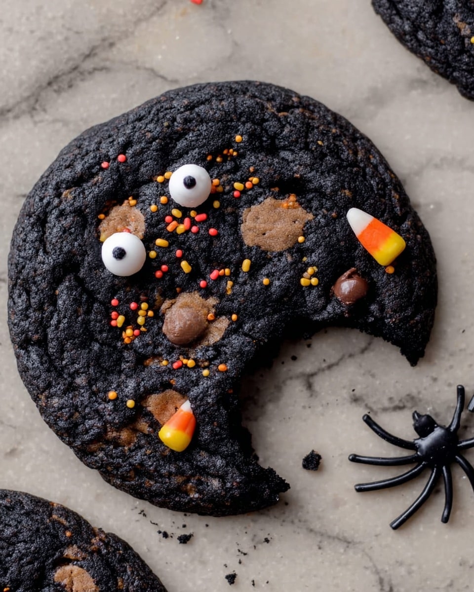 A close-up of a dark black cookie with a rough texture, showing chocolate chips and orange, yellow, and red small sprinkles scattered on top. The cookie has two white candy eyes placed near the center, giving it a playful look. One side of the cookie has a big bite taken out of it, showing the thick cookie layer beneath. The cookie rests on a white marbled surface, with a small black plastic spider nearby. Photo taken with an iphone --ar 4:5 --v 7