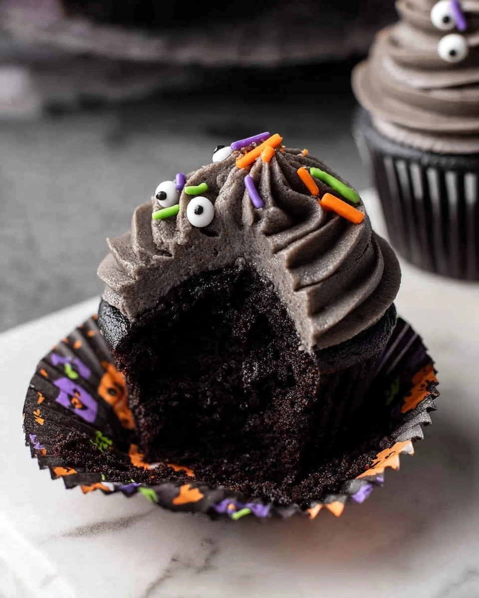 A single dark chocolate cupcake with a rich, moist base sits on a white marbled surface, partially unwrapped from a black paper liner with colorful Halloween-themed designs. On top, there is a thick layer of smooth dark gray chocolate frosting swirled in a tall, spiral shape, decorated with small round candy eyes and thin, short sprinkles in orange, green, and purple colors. A bite has been taken out of the cupcake, showing the dense, dark texture inside. In the blurry background, another cupcake with similar frosting is partially visible. Photo taken with an iphone --ar 4:5 --v 7