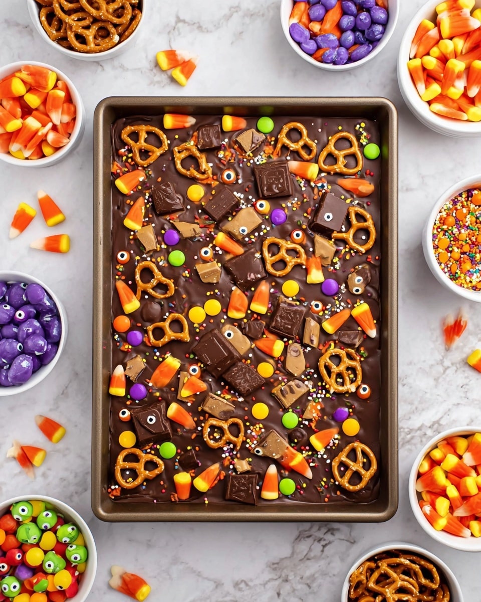 A rectangular pan filled with a smooth, dark brown chocolate layer as the base, topped with scattered bright candy corns that are orange, yellow, and white, golden brown pretzels placed evenly around, broken pieces of chocolate peanut butter cups with a light brown filling, and colorful round candy pieces in orange, purple, and lime green. Small black, orange, and green round sprinkles add extra texture, along with tiny candy eyes scattered across the surface. The pan sits on a white marbled textured surface, surrounded by white bowls filled with candy corns, pretzels, and colorful round candies. Photo taken with an iphone --ar 4:5 --v 7