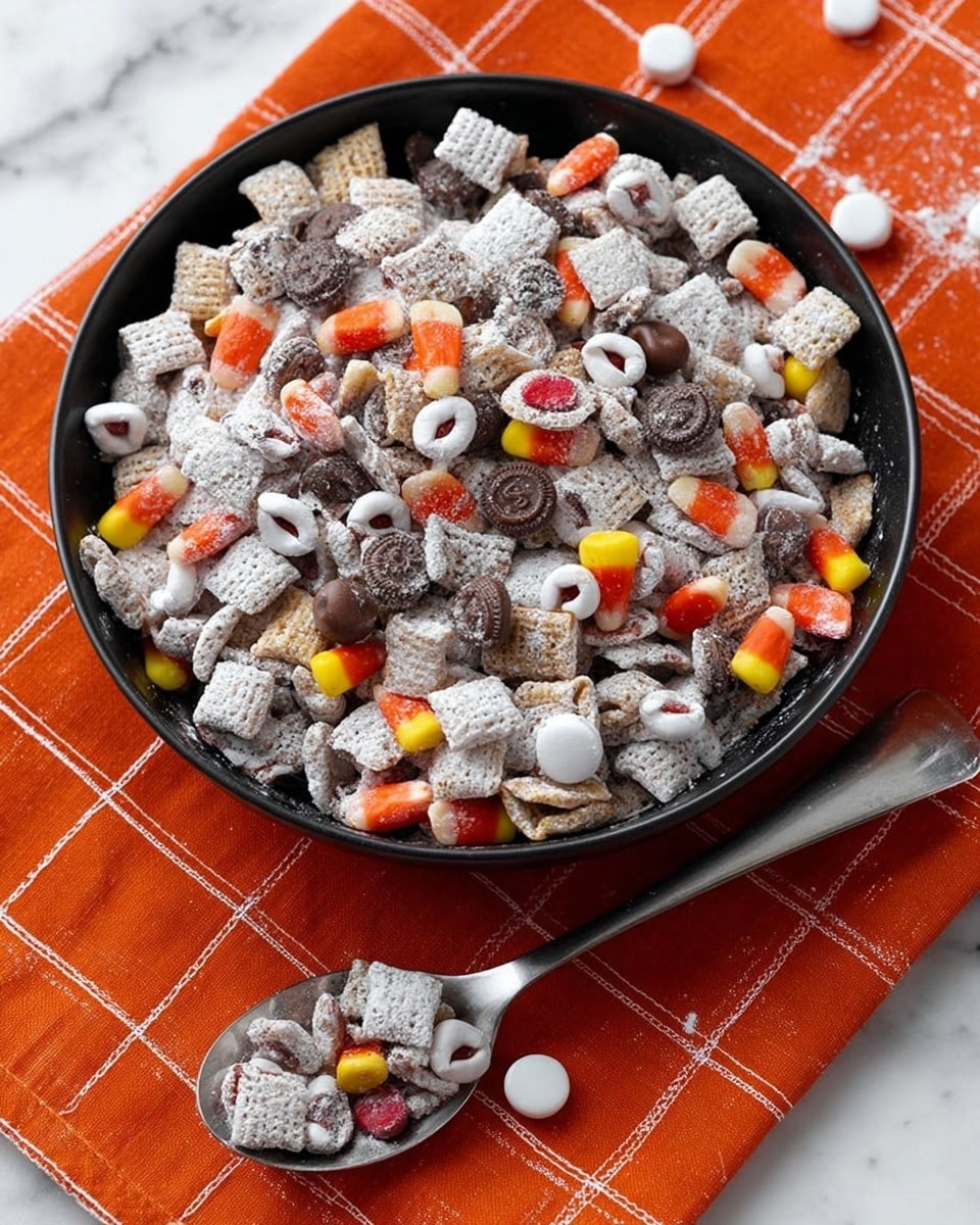 A black bowl filled with a mix of small, square cereal pieces covered in a white powder, scattered with small candy pieces in orange, red, yellow, and white, as well as tiny round chocolate cups and candy eyes. Some of the snack mix is scooped onto a metal spoon resting on an orange cloth with white grid stitching. The background is a white marbled surface. Photo taken with an iphone --ar 4:5 --v 7